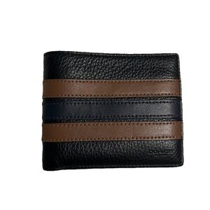 Coach 3007 Men’s Slim Leather Bifold Wallet With Varsity Stripe Black Tan Blue